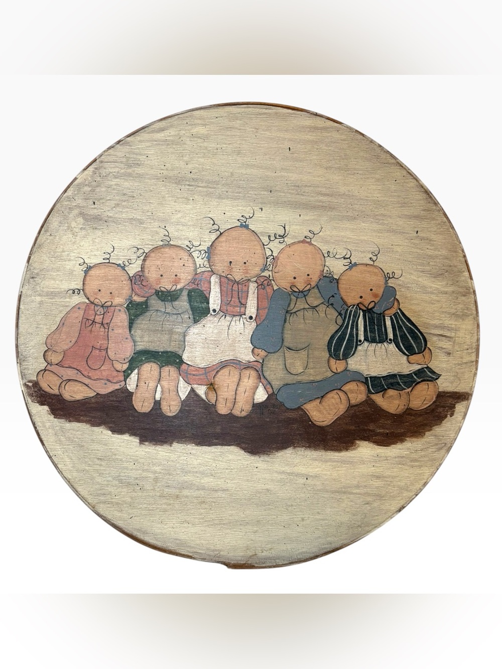 Vintage Bentwood Cheese Box Round Wooden Pantry Box Folk Art Painted Rag Dolls